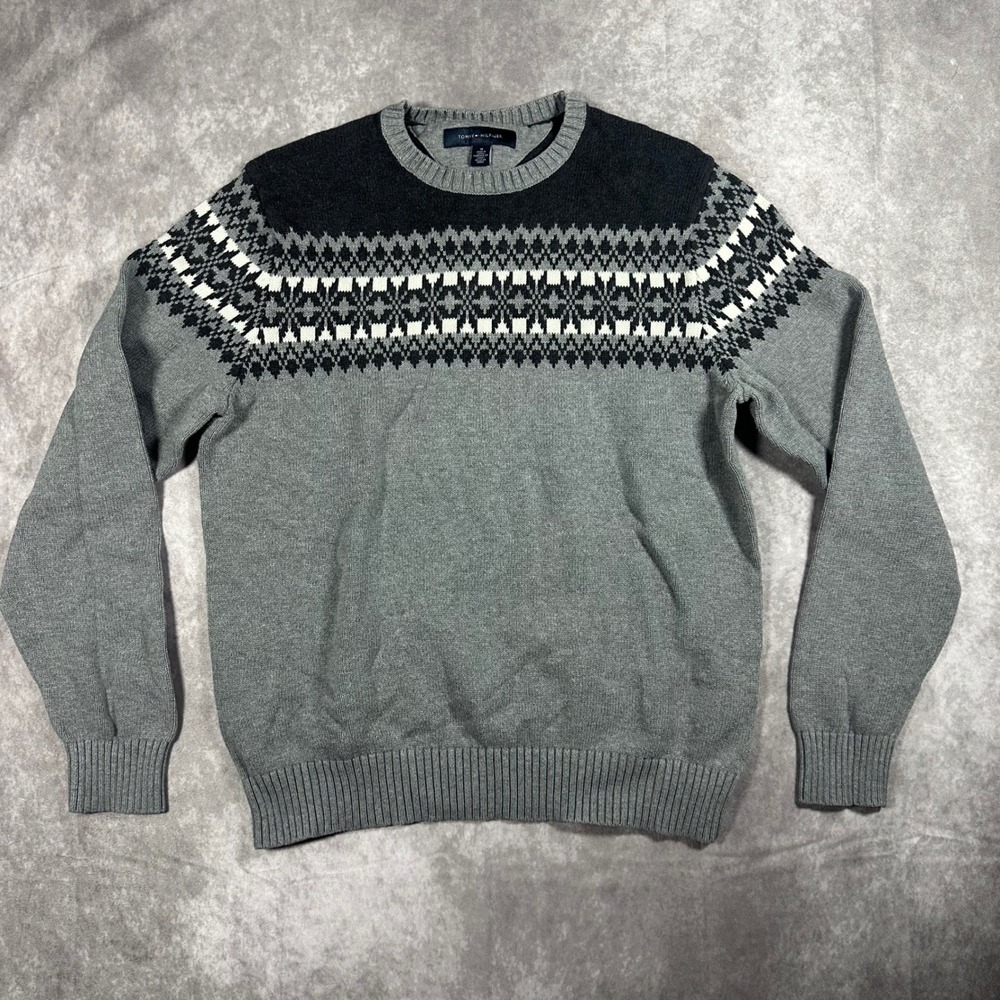 Tommy Hilfiger Mens M Grey Black Fair Isle Cotton Knit Crewneck Sweater Preppy